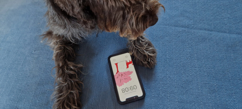 Dog with phone showing Bark & Bloom logo on the screen